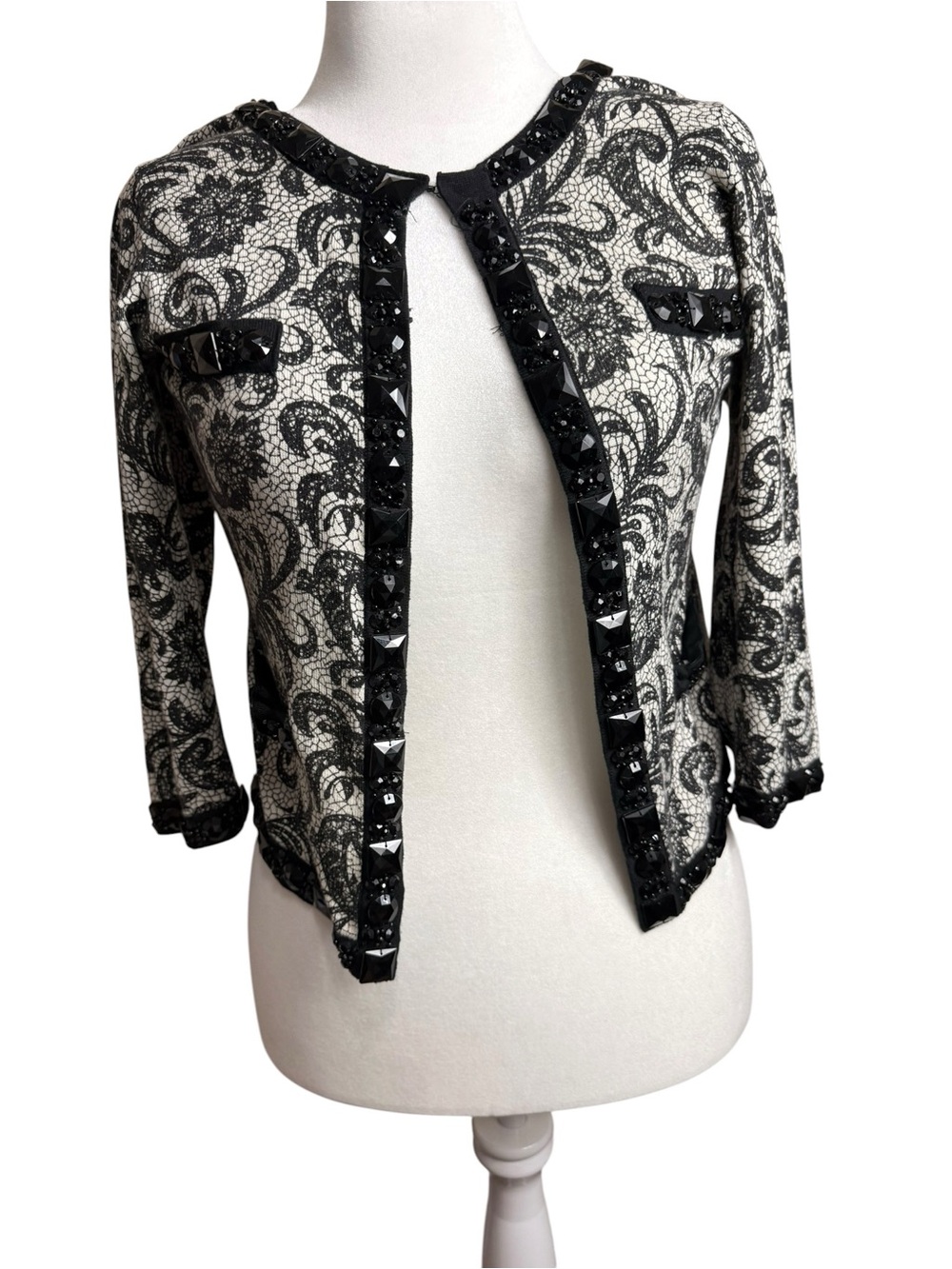 Michael Simon Black and White beaded Cropped Cardigan sweater size small - Picture 2 of 14